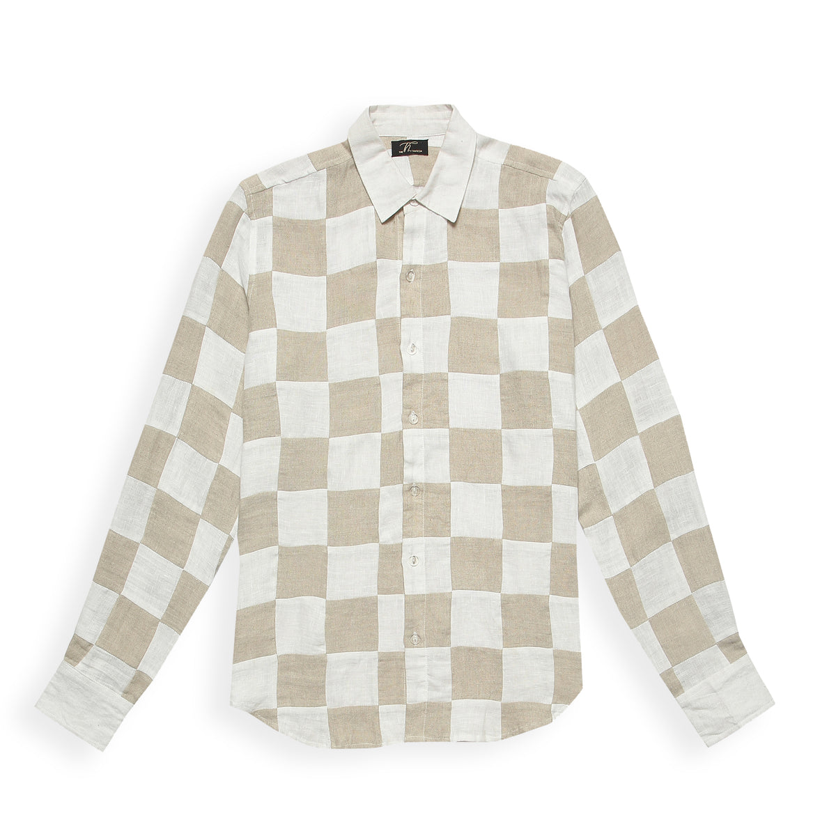A long sleeve linen shirt featuring a checkerboard patchwork design in beige and white colors.