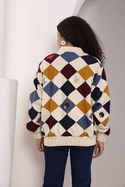 “Parker multicolour patchwork bomber jacket with oversized hand embroidery” 
