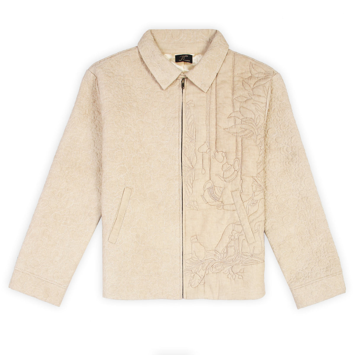 Main: Image of the Drew Unisex Coach 3D Embroidery Jacket in beige, front view Alt texts that 
are accompanied with images like “beige drew coach jacket 3d embroidery design” and “unisex 
beige cotton quilted jacket 3d embroidery” 