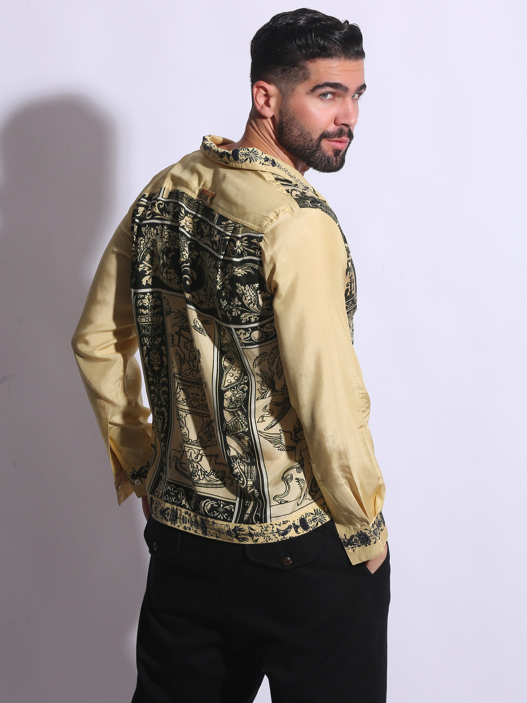 “Men’s 100 percent silk printed vintage-style shirt for statement looks” 