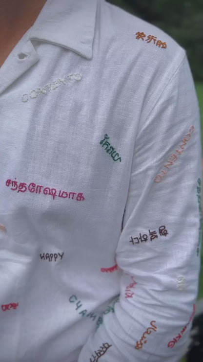 “Premium white linen shirt with embroidered details”