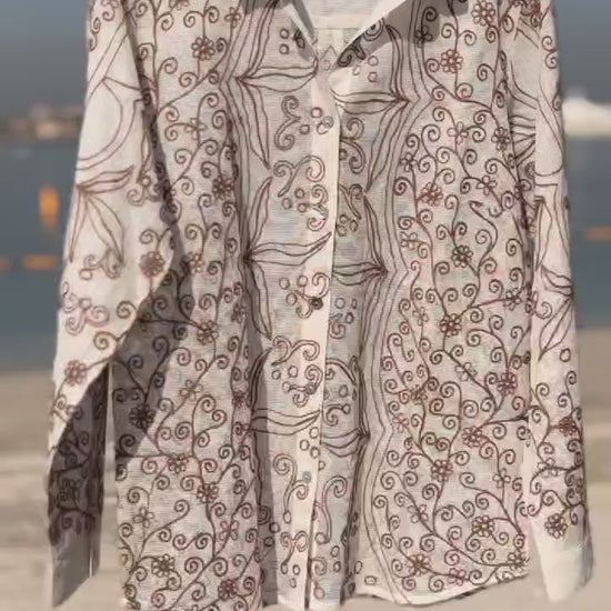 beige embroidered shirt, chain stitch cotton shirt, textured cotton shirt, premium embroidered shirt, handcrafted cotton shirt India check all details 