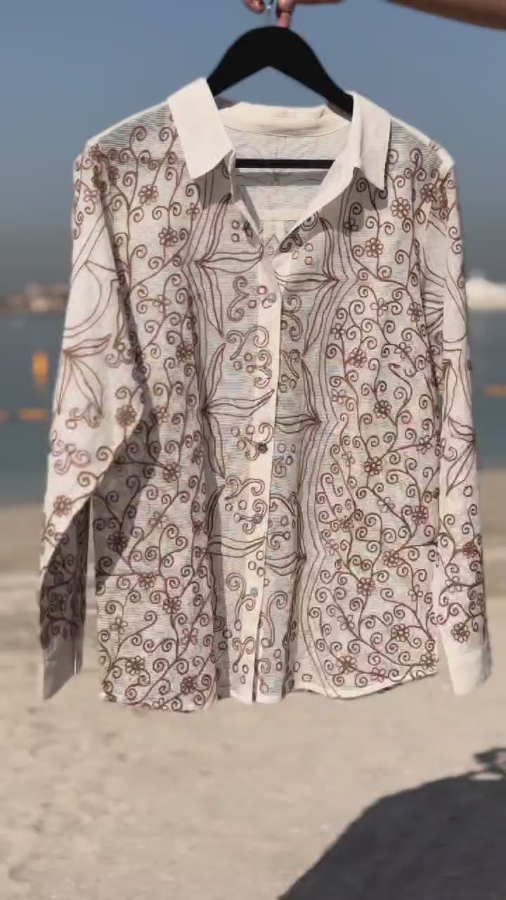 beige embroidered shirt, chain stitch cotton shirt, textured cotton shirt, premium embroidered shirt, handcrafted cotton shirt India check all details 