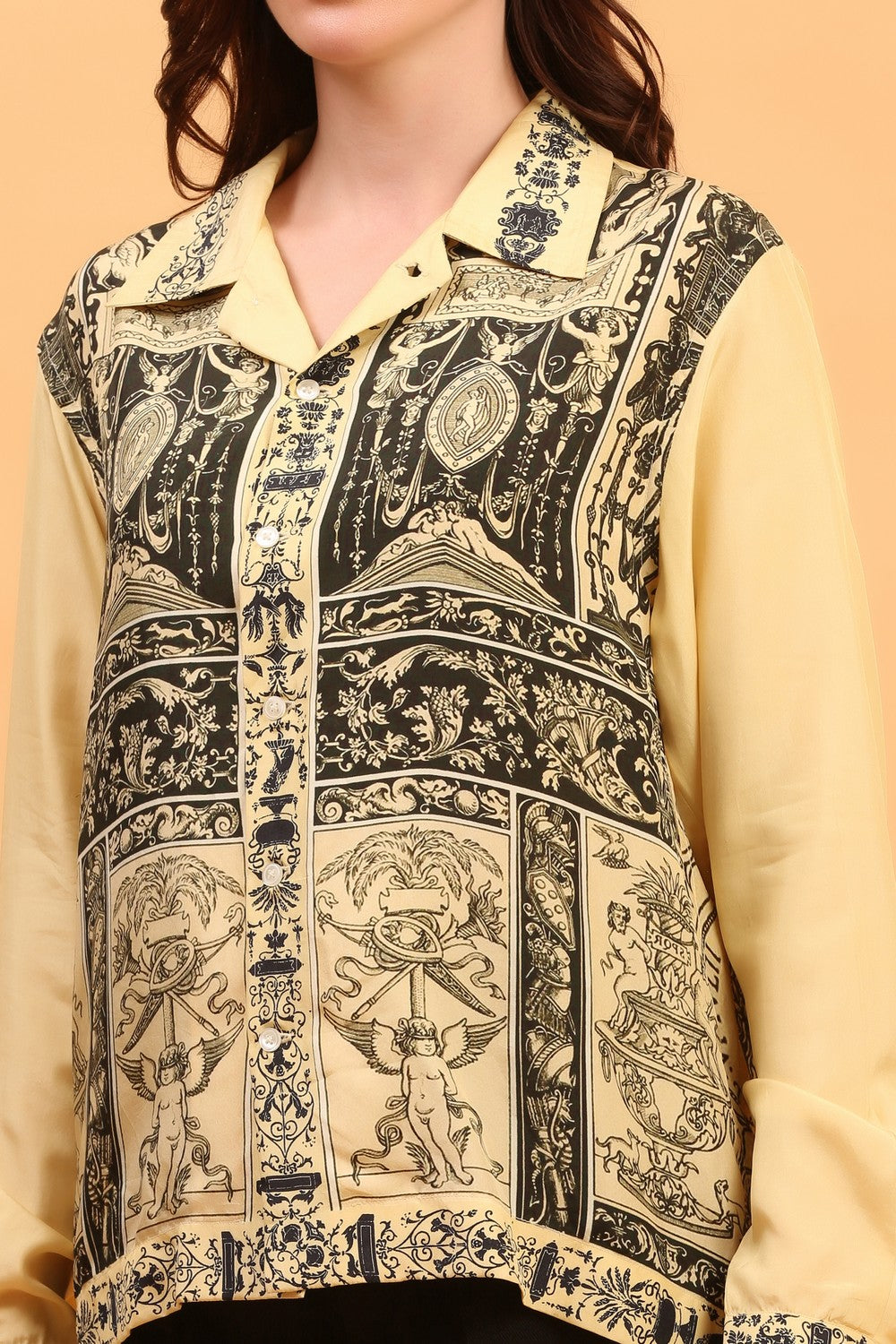 “Yellow Retro Revival silk shirt with delicate printed pattern 