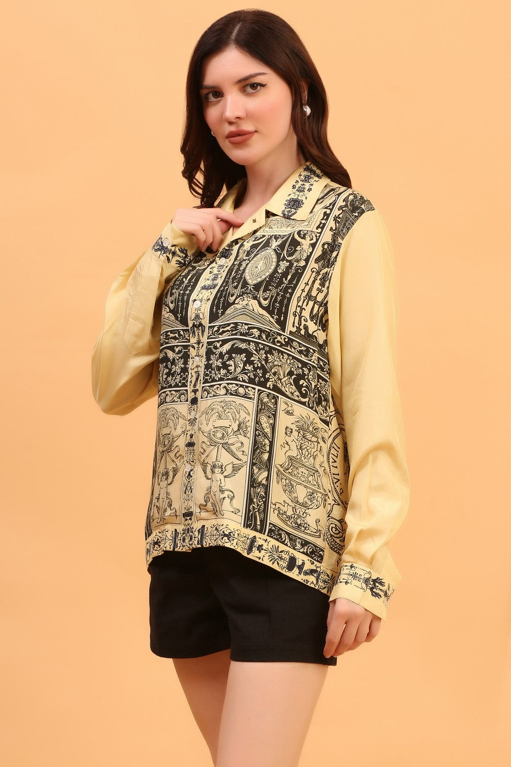 "Women’s 100 percent silk printed vintage-style shirt for statement looks” 