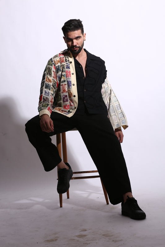 Main: Dark colored shot of the Vintage Stamp Patchwork Long Sleeve Shirt