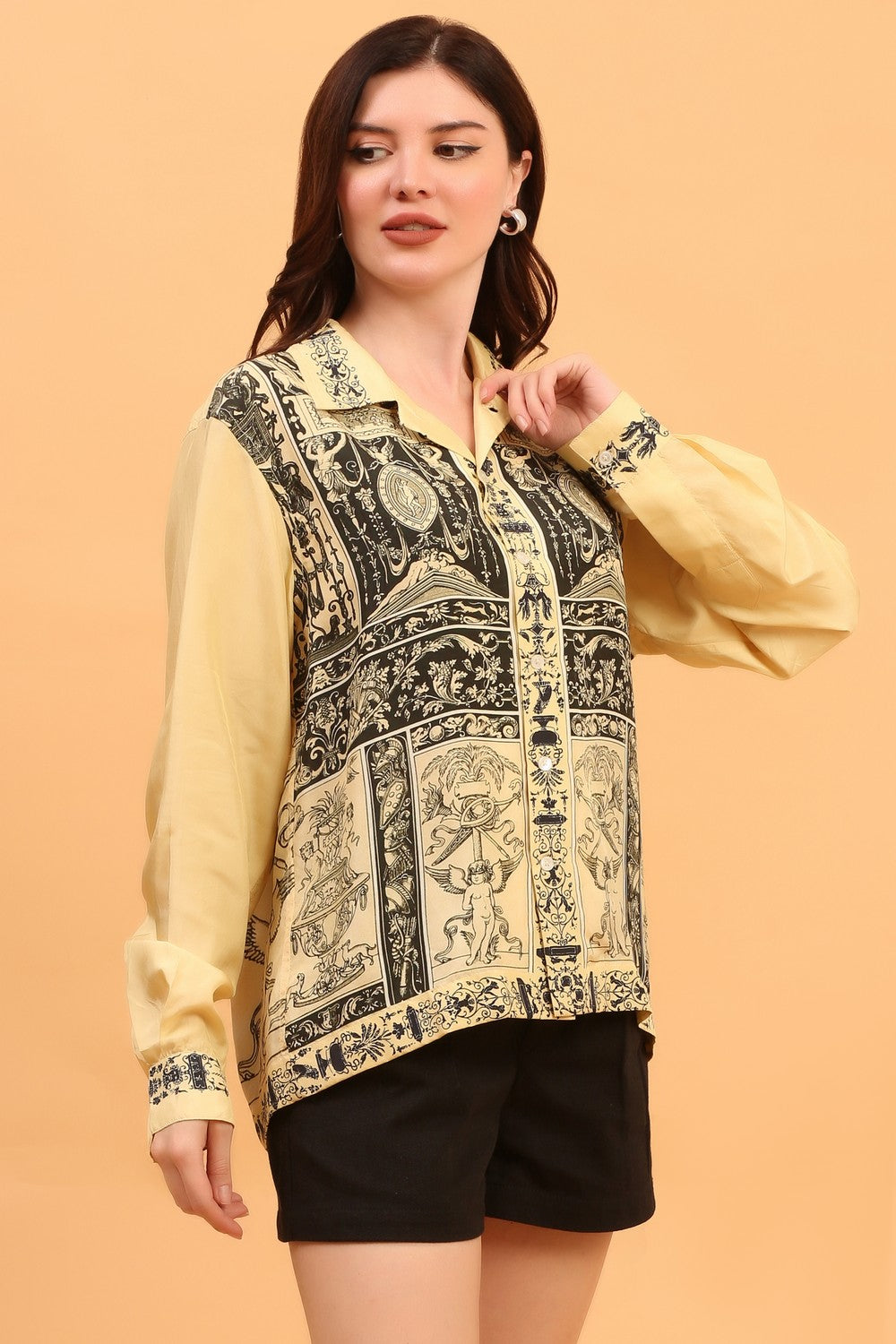 “Women’s 100 percent silk printed vintage-style shirt for statement looks” 