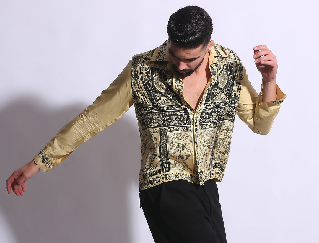 “Yellow Retro Revival silk shirt with delicate printed pattern 